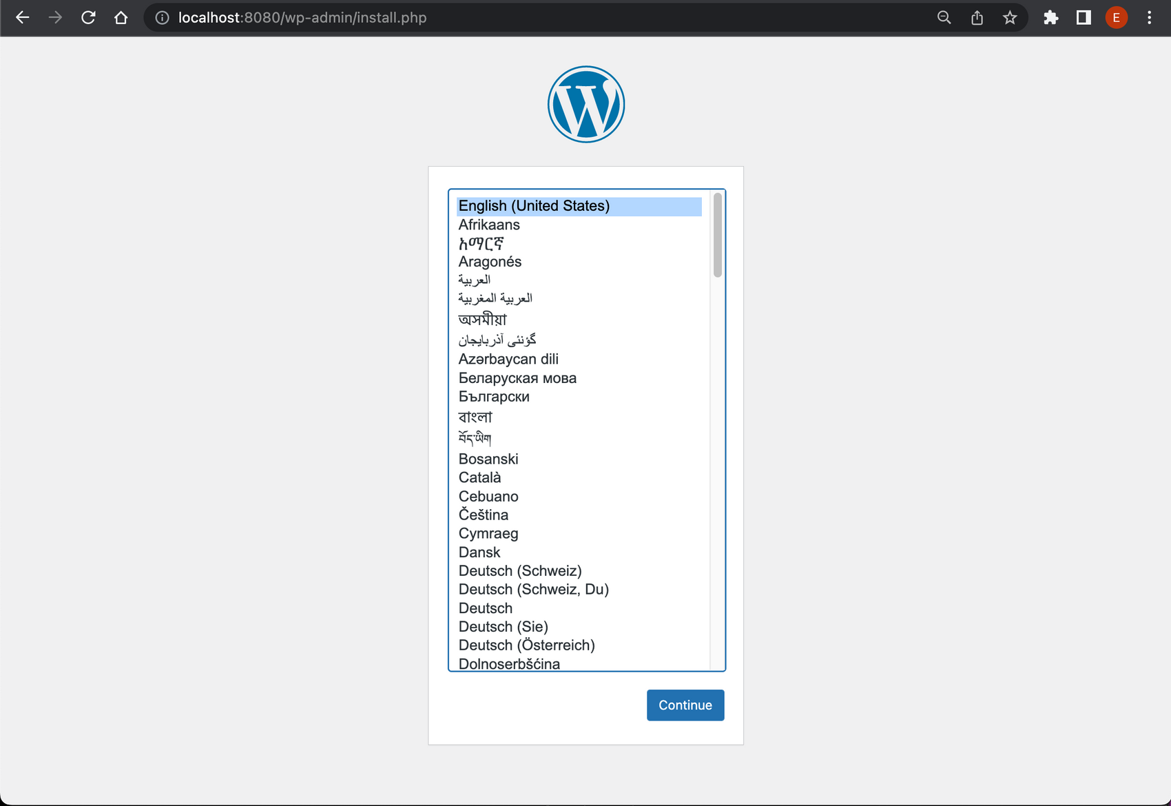 screenshot of wordpress installer
